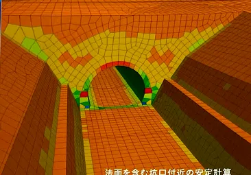 坑口付近の法面を含むモデルの変位コンター図。法面と坑口を一体で扱っている。