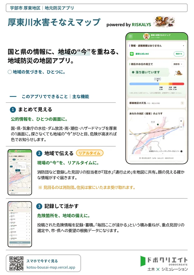 厚東川水害そなえマップの紹介リーフレット（2026年6月版）の1ページ目。「国と県の情報に、地域の“今”を重ねる、地域防災の地図アプリ」の見出し、住民向けトップ画面、主な機能（まとめて見える・地域で伝える・記録して活かす）、スマホで開くためのQRコードとURLが載っている。